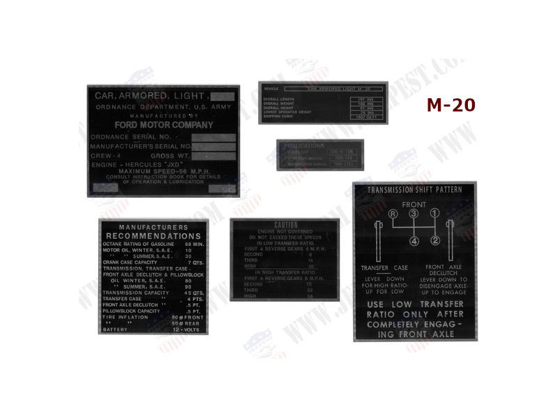 DATA PLATE ARMORED CAR FORD M20 (SET OF 6)