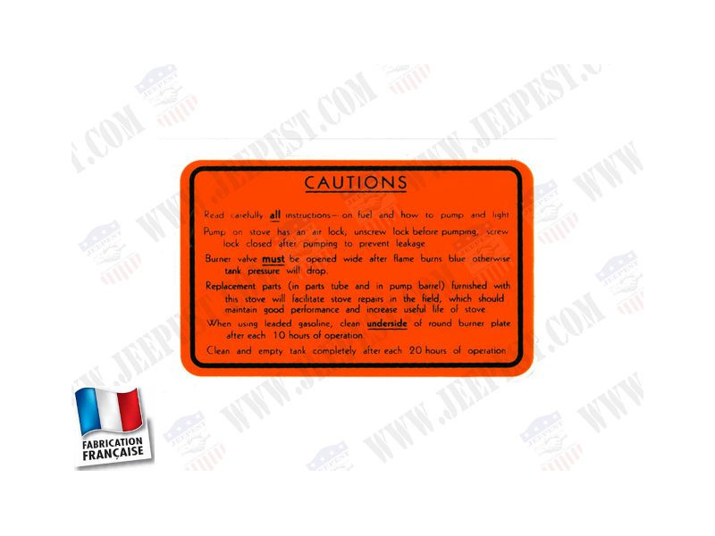AUTOCOLLANT RECHAUD COLEMAN "CAUTION" ORANGE